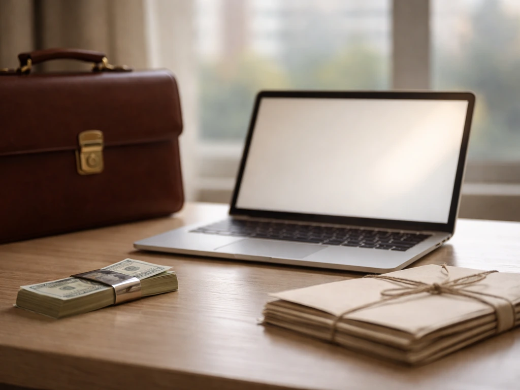 Minimal office desk with a briefcase, documents, and cash clip—symbolic of compensation and financial records.