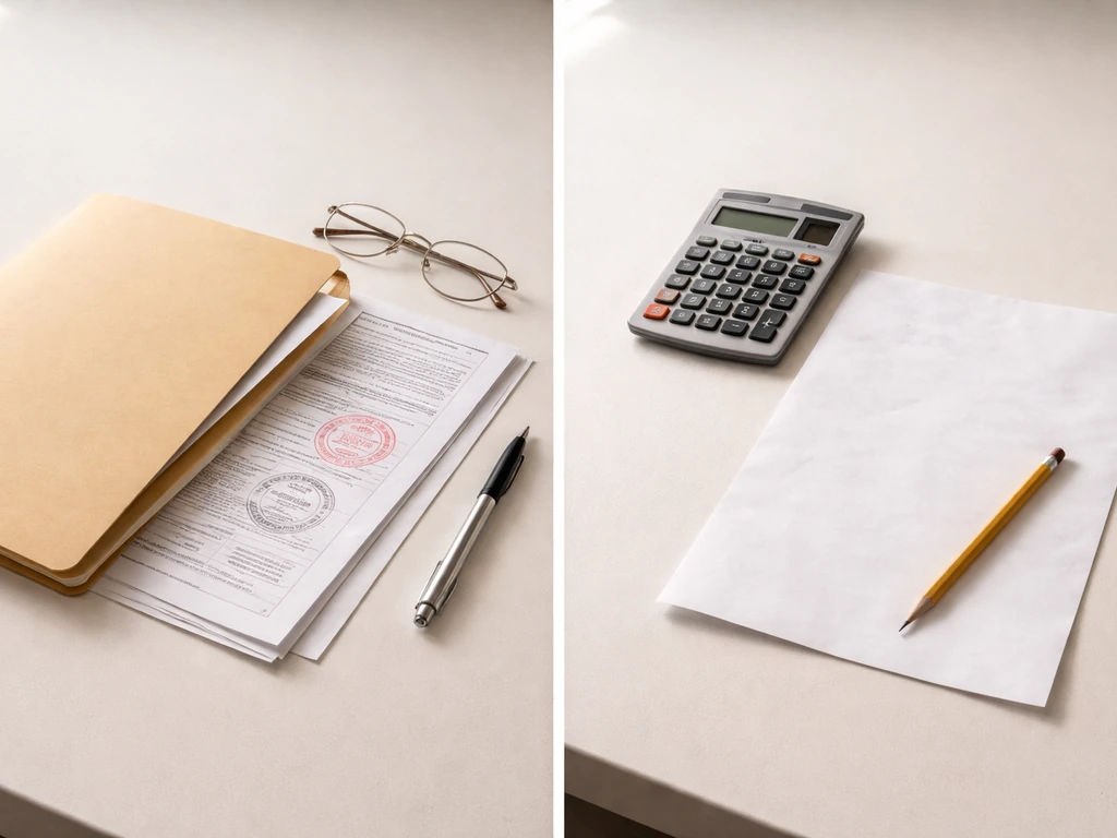 Desk with documents folder on one side and calculator with blank paper on the other, symbolizing verified vs estimates.