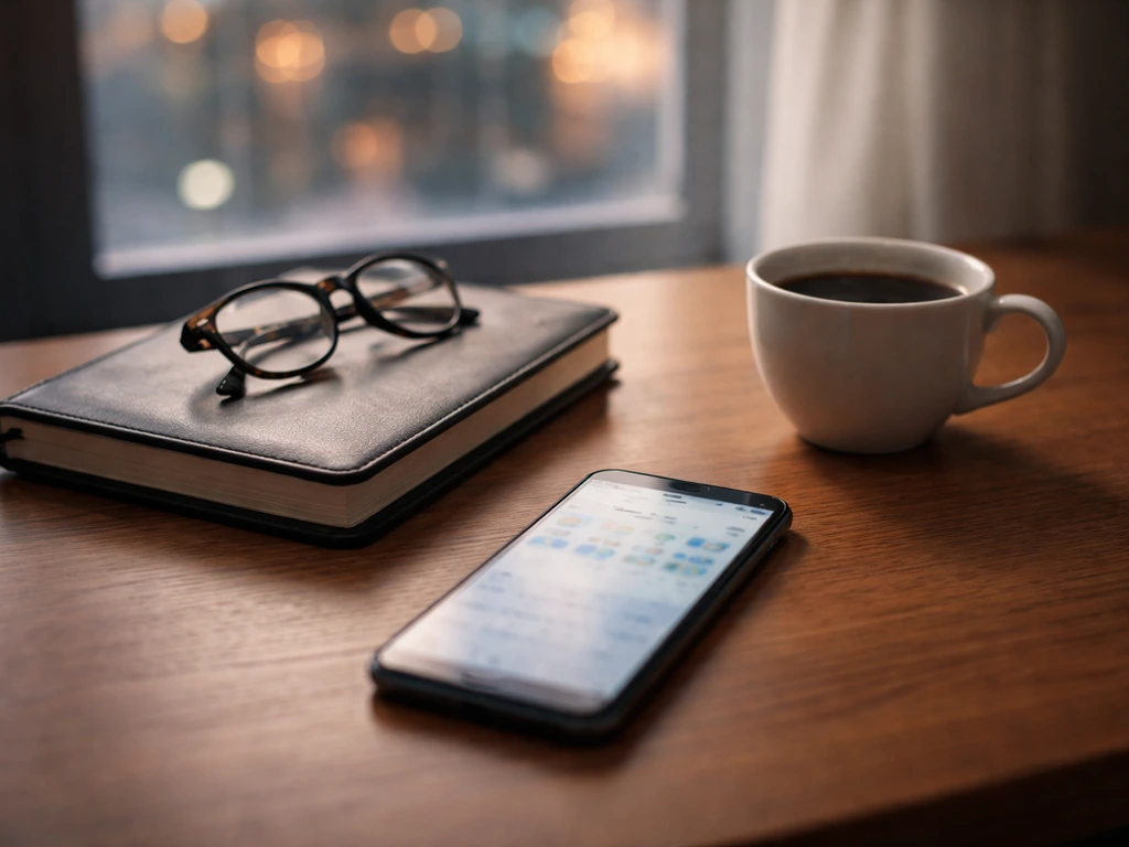 Minimal desk scene with smartphone and coffee, suggesting reviewing changing financial estimates.