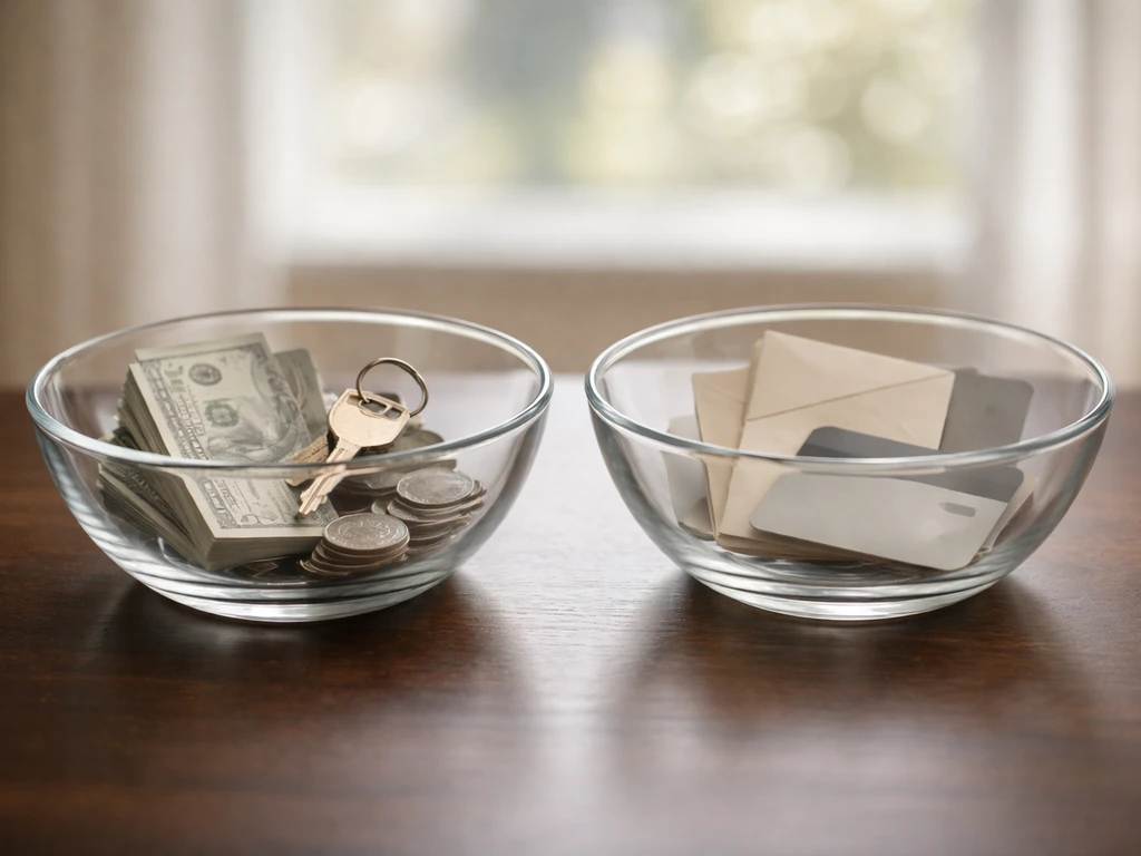 Glass bowls with objects symbolizing assets and liabilities on a small wooden table.