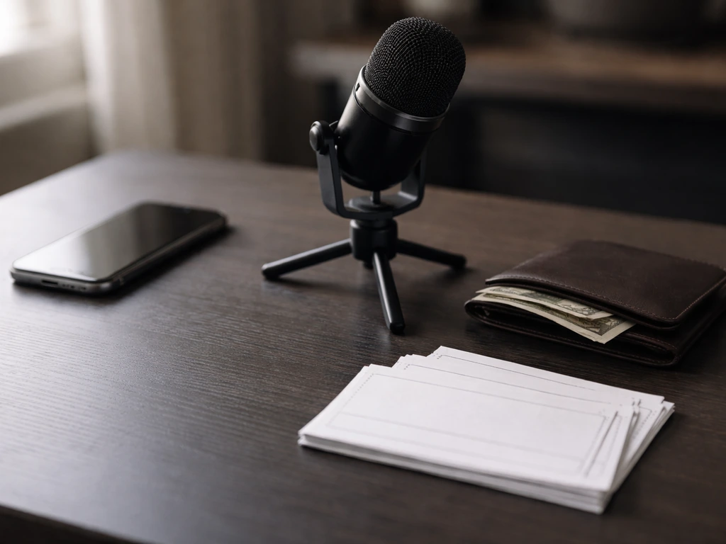 Minimal desk scene with a microphone, wallet, and scattered cash symbolizing WWE salary and bonuses breakdown concept.