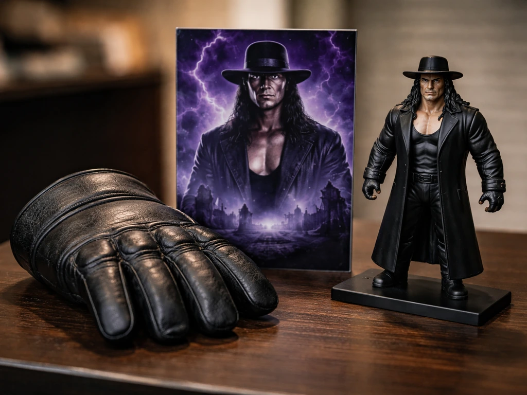 Close-up of dark tabletop display featuring Undertaker-themed replica gear and collectibles.