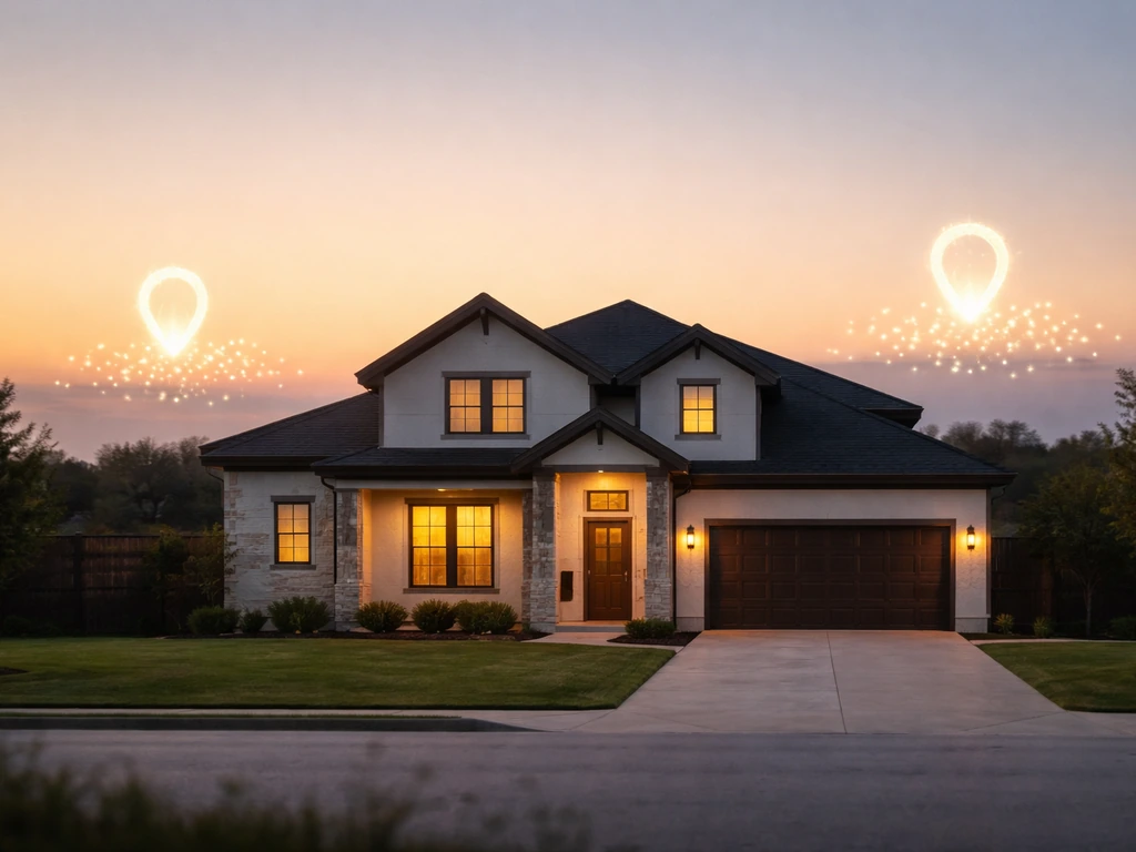 Modern Texas house exterior with subtle abstract Austin and Dallas location cues in the background.