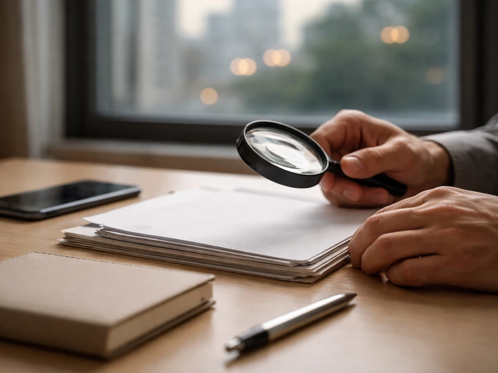 Magnifying glass over blank documents on a desk, with pen and phone—symbolic verification and cross-checking