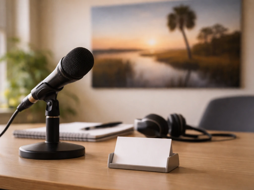 Minimal photo of a desk with a microphone and a business card holder, symbolizing verifying an identity online