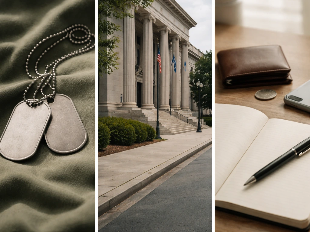 Minimal split-scene photo symbols of military service, public office, and business income—no people or text.