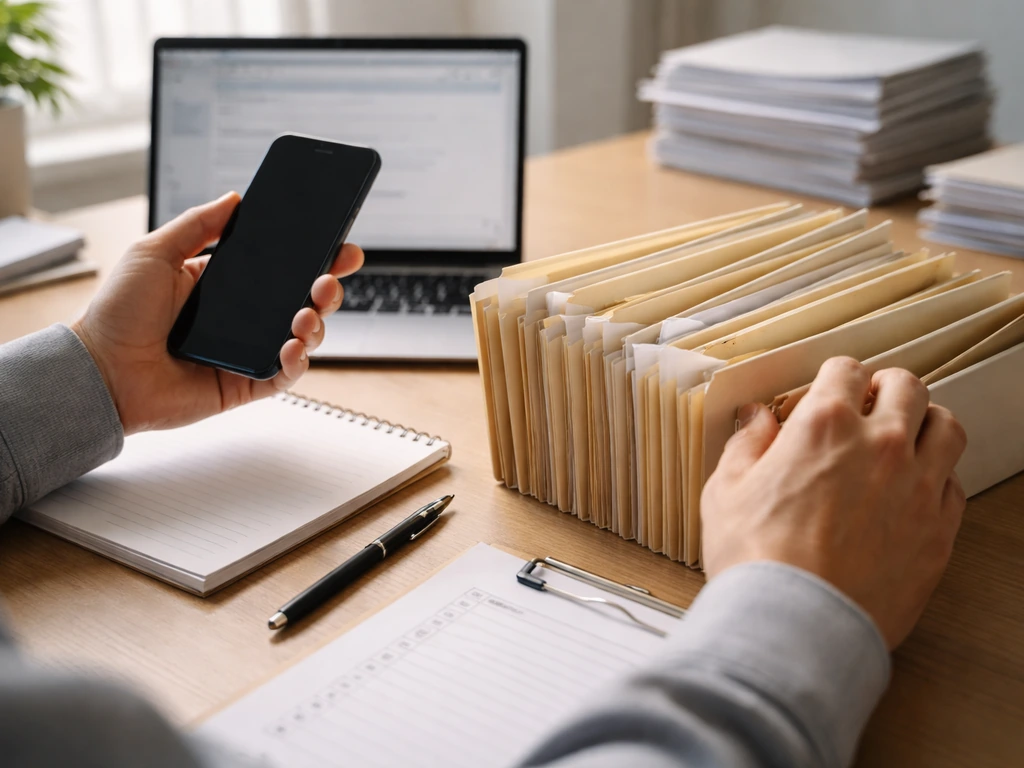 Person at a desk comparing public records while a phone and folders suggest claim verification steps.