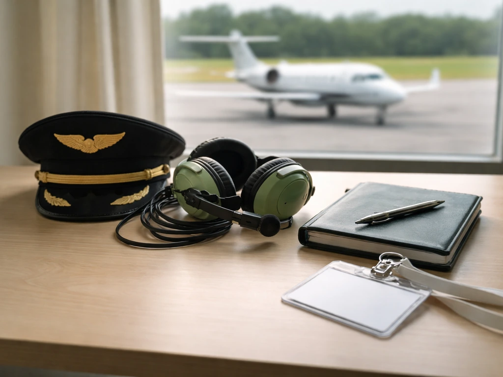 A desk with aviation cap and headset beside blank credentials, with a small private jet blurred in background.
