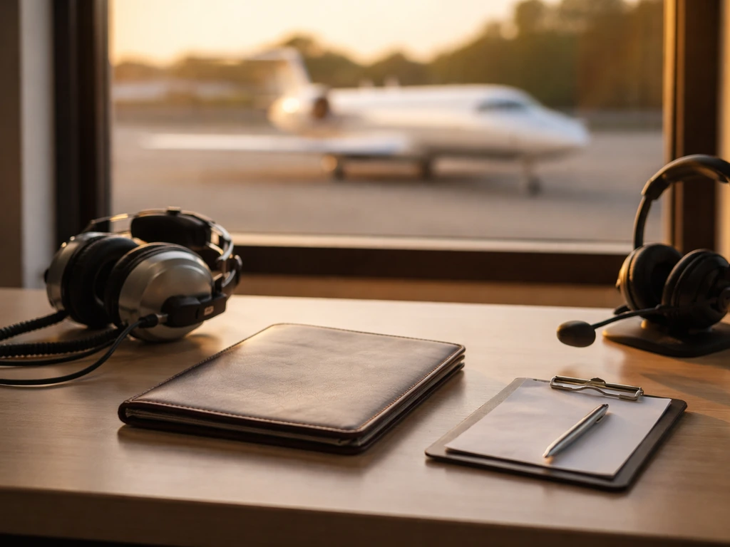 Minimal photo of an aviation operations desk with a parked business jet in the background at golden hour