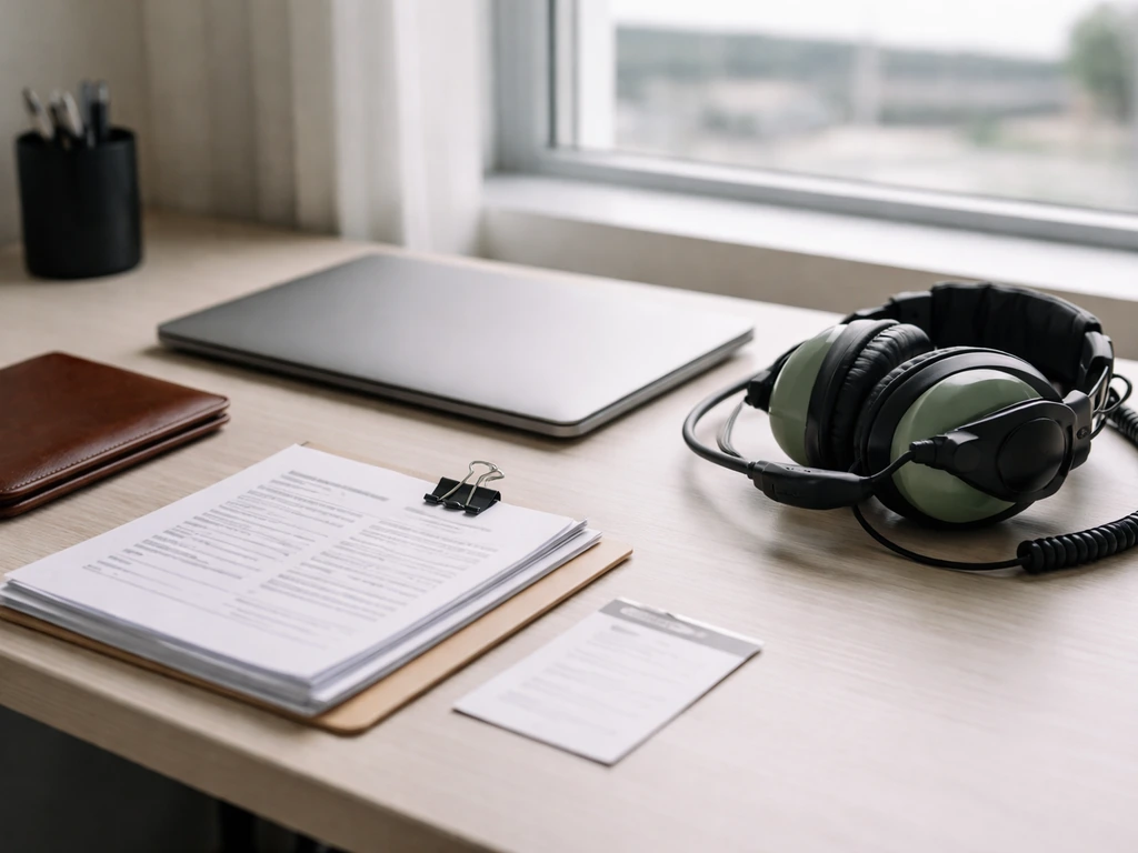 Aviation business desk scene with laptop, headset, and neatly arranged flight briefing papers