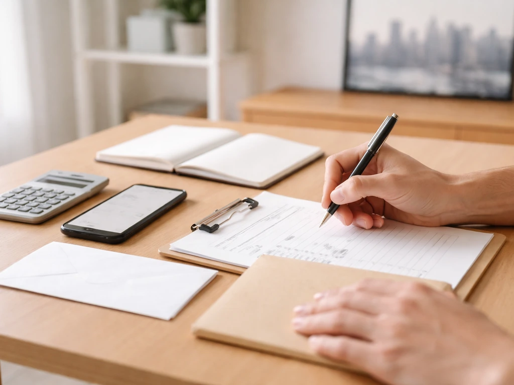 Hands updating financial paperwork at a desk with blank documents and phone, minimal and uncluttered.