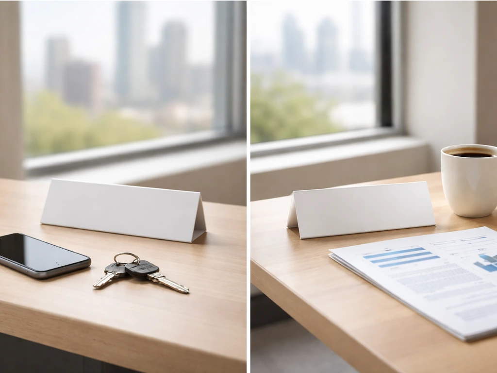 Minimal desk scene showing two distinct nameplate-style cards and a blurred city skyline