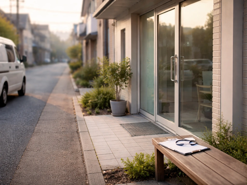 Unbranded clinic storefront exterior with a parked service van, symbolizing healthcare growth and entrepreneurship.