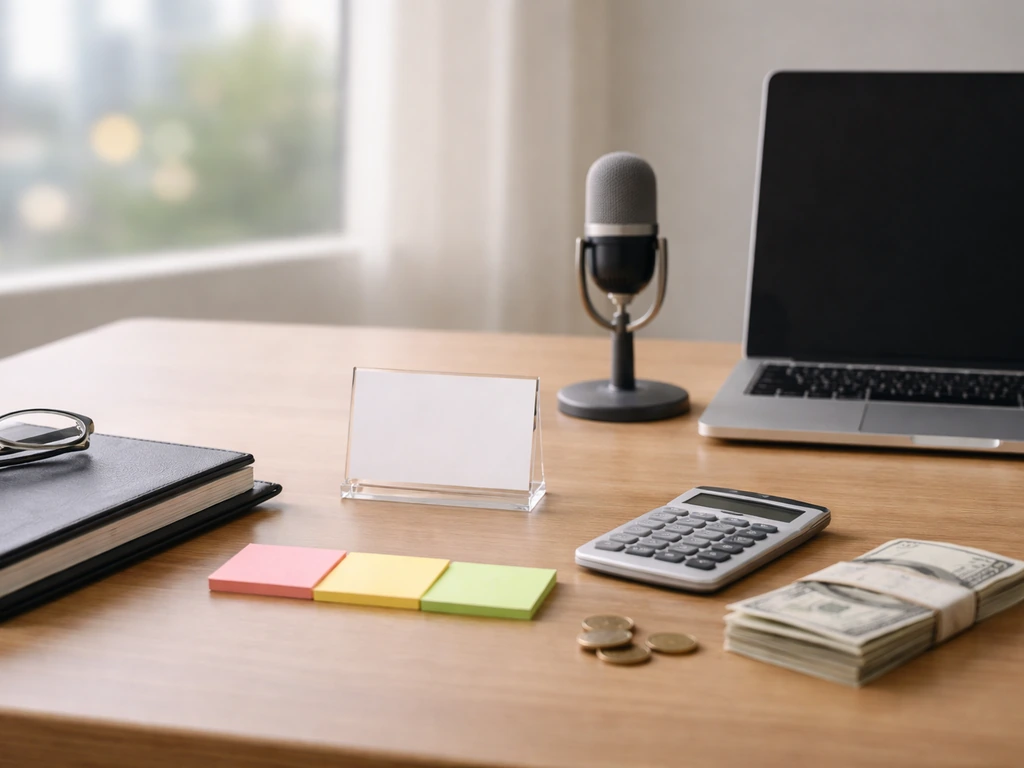 Minimal office desk scene with calculator, coins, banknotes, and blank cards symbolizing net worth analysis range.