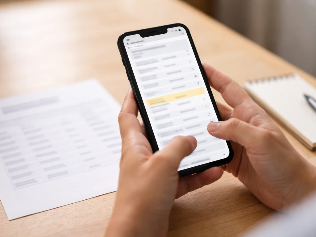 Close-up of hands using a smartphone to check a nonprofit database entry on a desk.