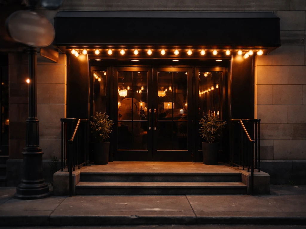 Quiet Canadian comedy club entrance at dusk with warm lights, evoking the business context behind uncertain net-worth cl