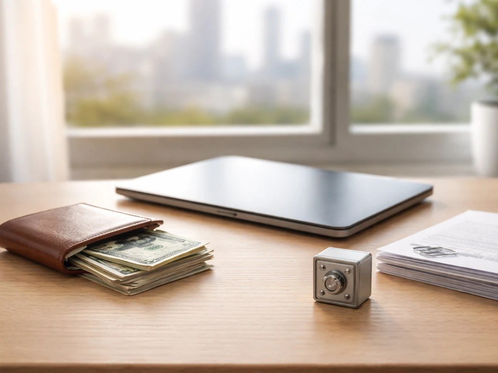 Minimal photo of a modern office desk with cash, a laptop, and a small stack of business cards symbolizing income source