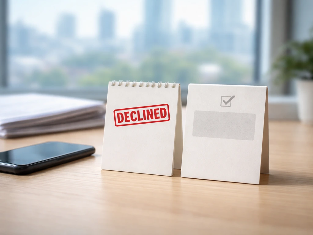 Minimal desk scene with two blank “sourced vs unsourced” card notepads and a phone, symbolizing trust.