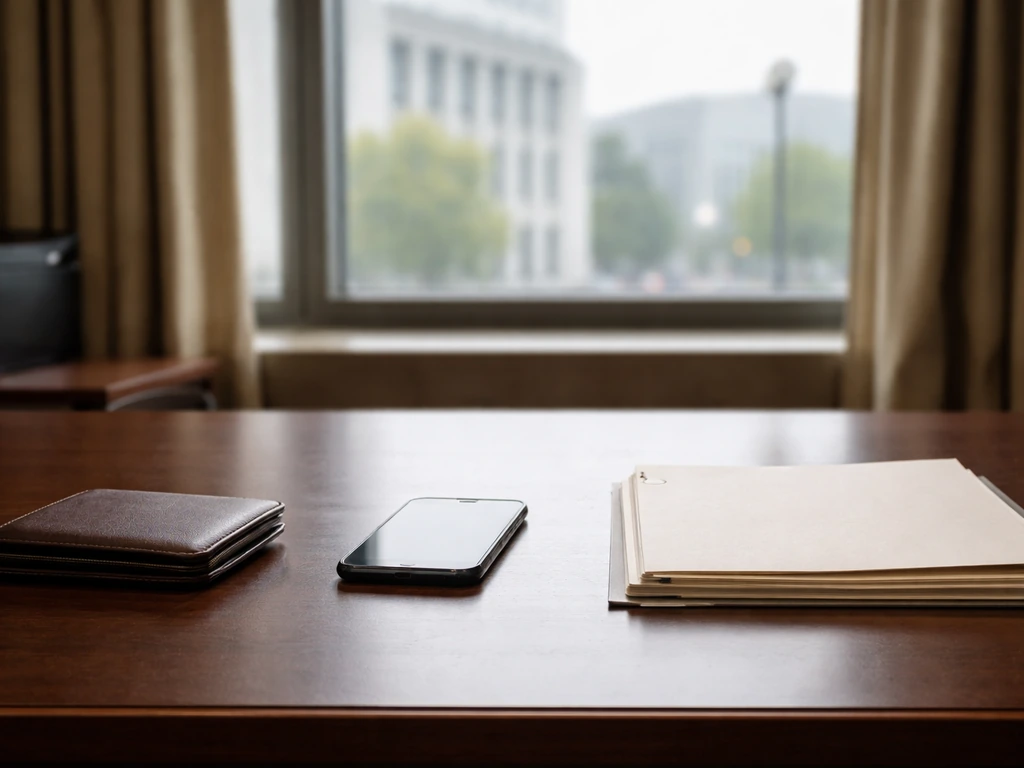 Sunlit office desk with a smartphone, wallet, and documents suggesting finance and public leadership