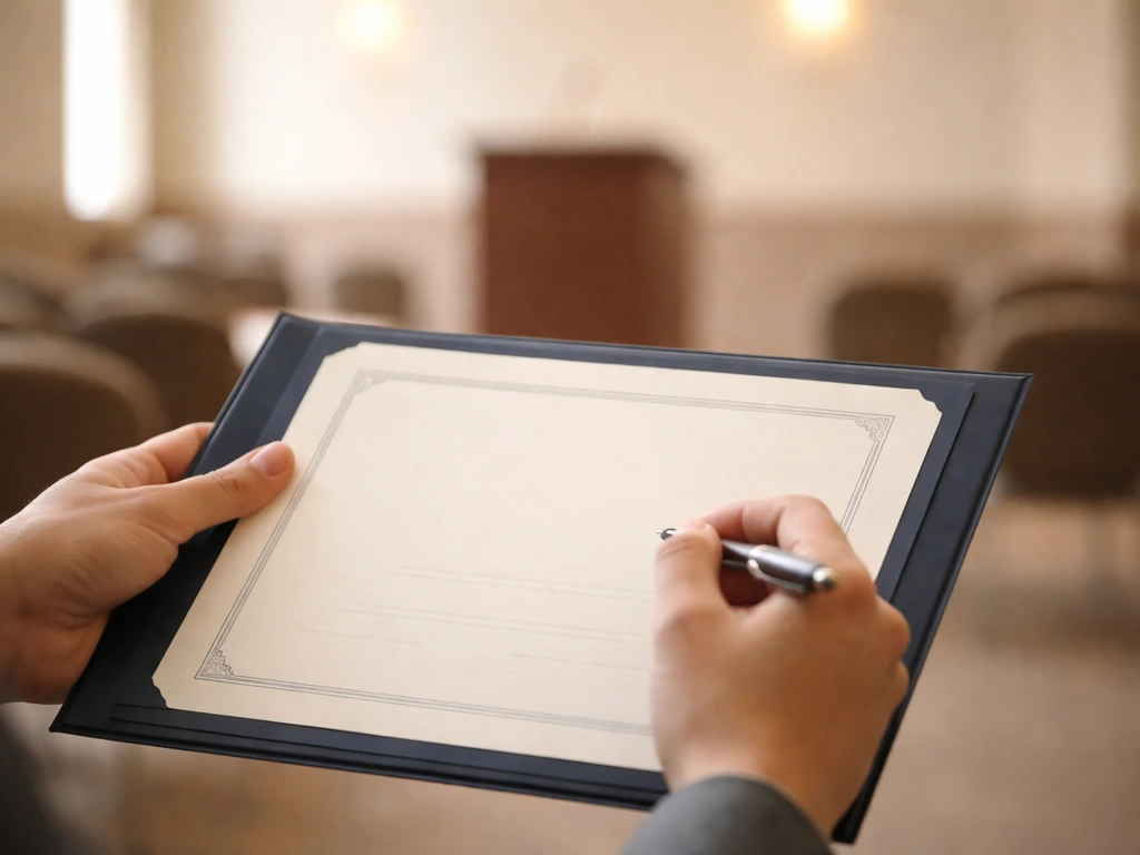 Hands holding an official certificate folder in a softly blurred civic setting, no readable text.
