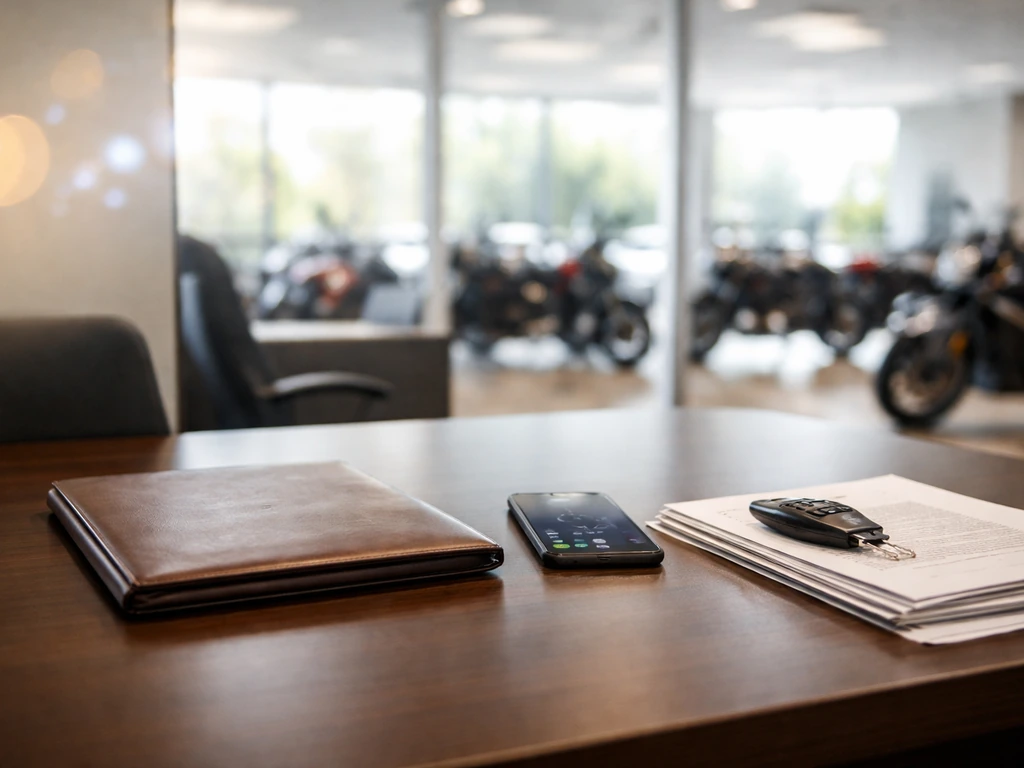 Minimal dealership office scene with finance-themed lighting symbolizing verifying a powersports executive’s net worth