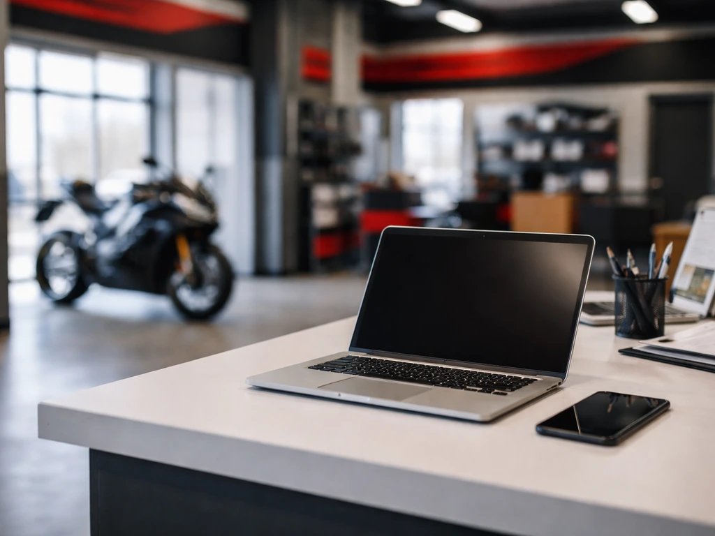 Minimal dealership office desk with a blurred motorcycle showroom in the background, no people visible.