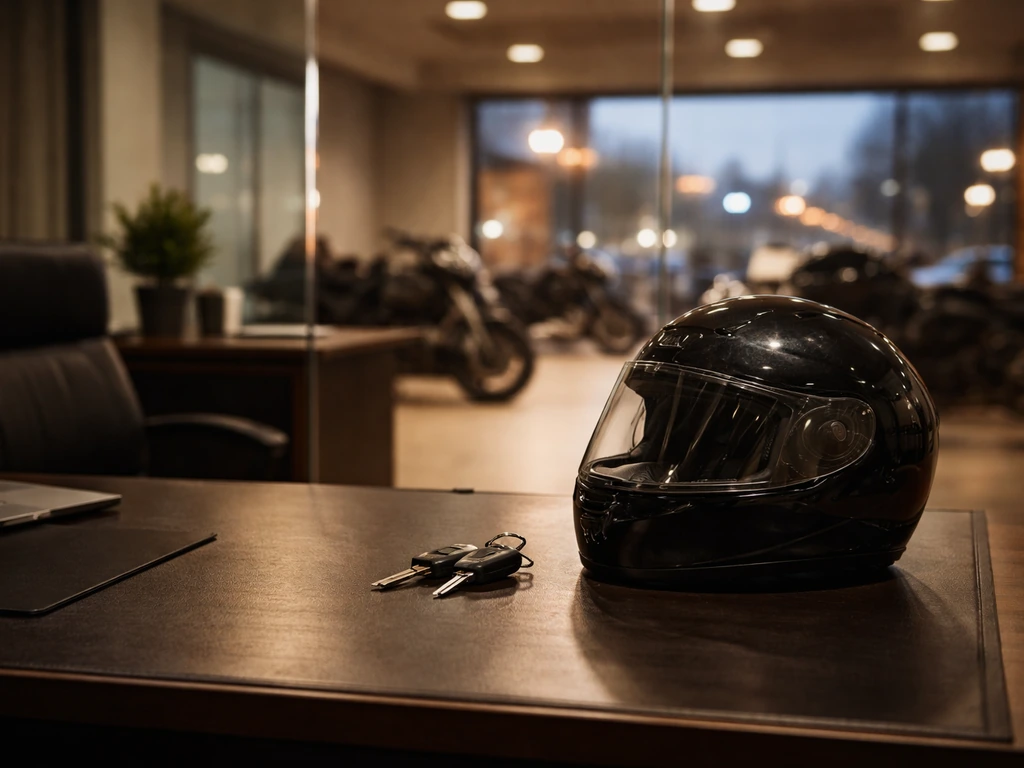 Executive office desk with a motorcycle helmet and keys beside a modern powersports showroom window at dusk