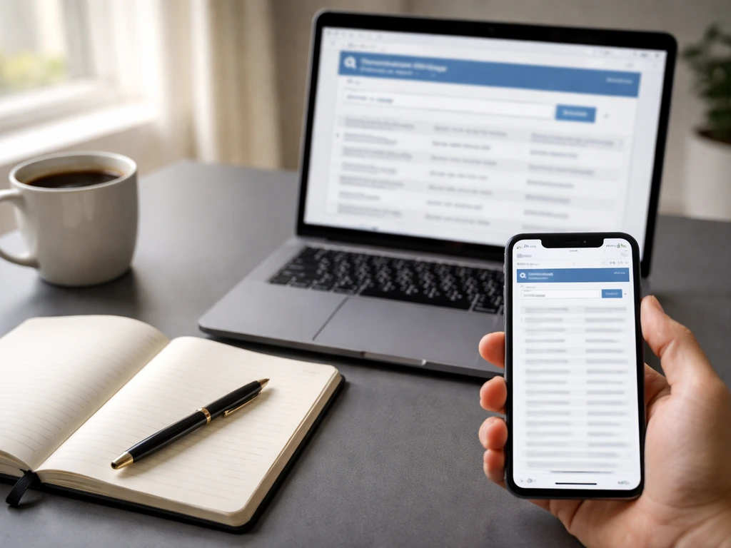 Desk scene with an iPhone and laptop showing blurred SEC-style filing search results for self-verification.