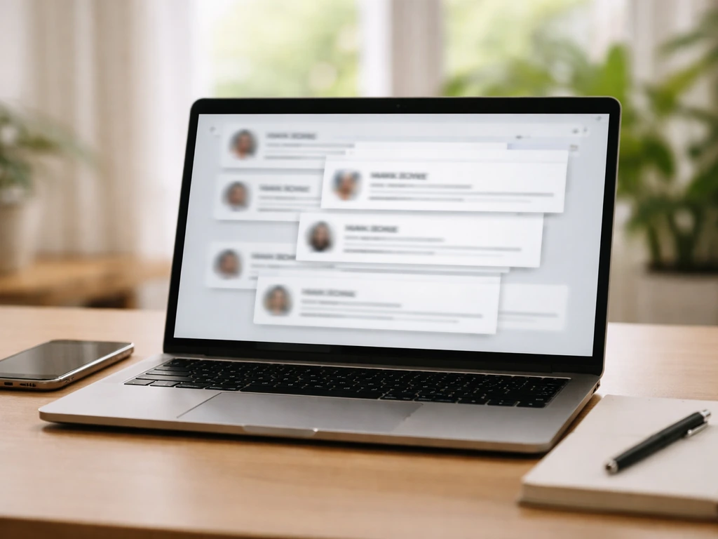 Minimal office desk with a laptop showing blurred search-result cards about “Mark Boyle” identities