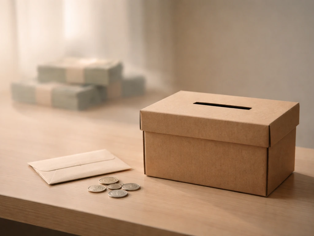 Minimal photo of a donation box with a cash-like object fading into it, symbolizing asset-to-funding flow
