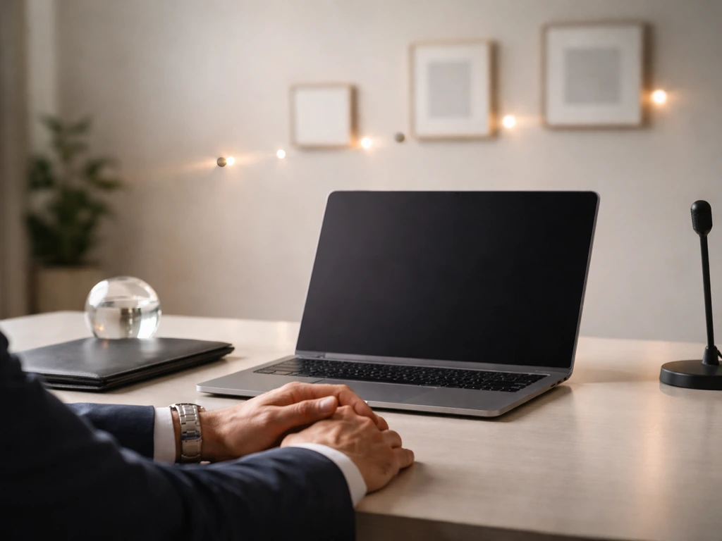 A minimalist finance desk scene with an open laptop and subtle, abstract milestone markers in the background.
