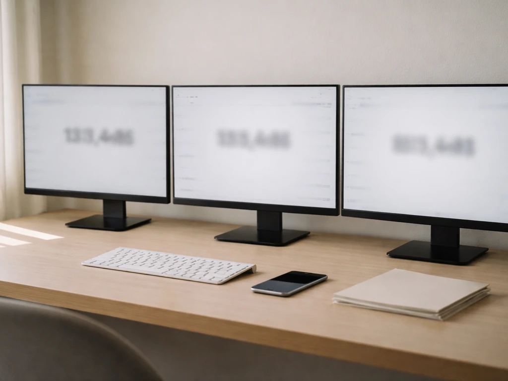 Split-screen style scene showing mismatched net-worth estimates on blurred screens without readable text.