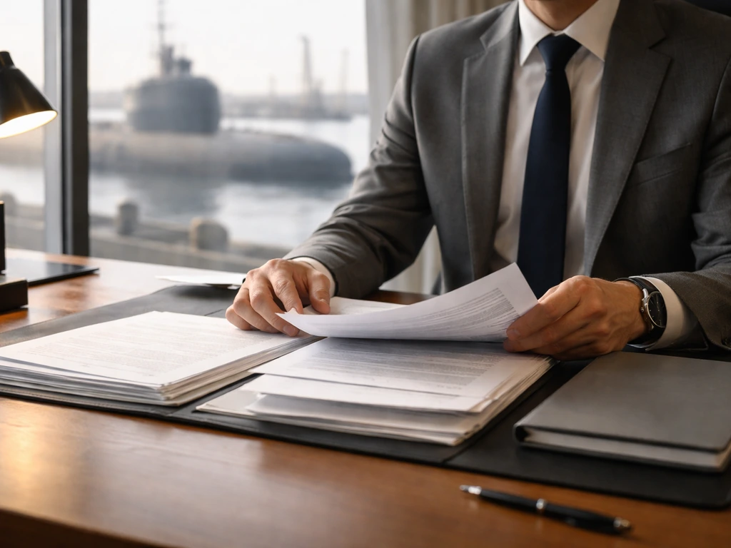 Anonymous executive in a modern office reviewing documents with a blurred defense harbor in the background.