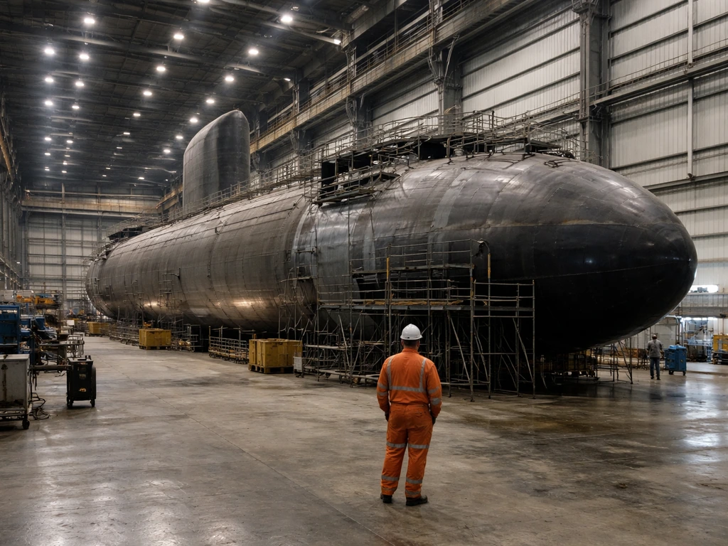 Industrial shipyard scene with a generic submarine under construction and an anonymous worker in the background.