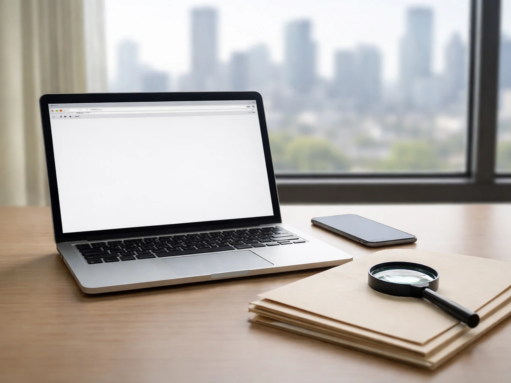 Minimal desk scene with laptop and magnifying glass suggesting checking SEC filings and public records.