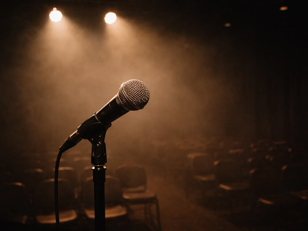Stage-lit microphone on a small stand-up setup with moody spotlight, evoking comedian income and media spotlight.