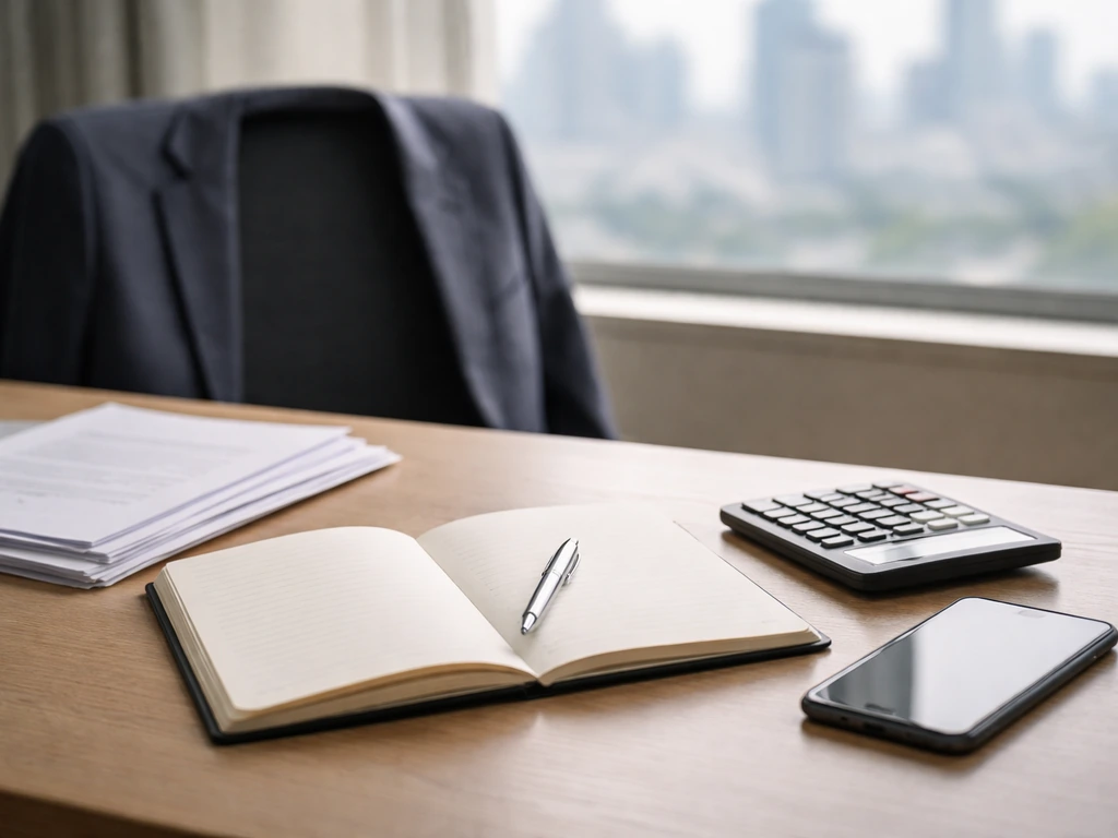 Clean desk scene with a calculator, smartphone, and scattered papers suggesting a net worth estimate method.