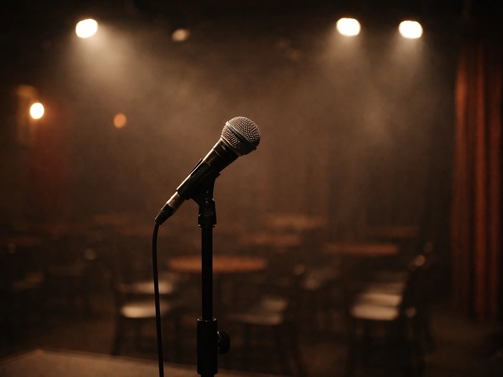 Anonymous stand-up stage in a small venue with warm lights and a microphone, symbolizing a comedy career breakthrough