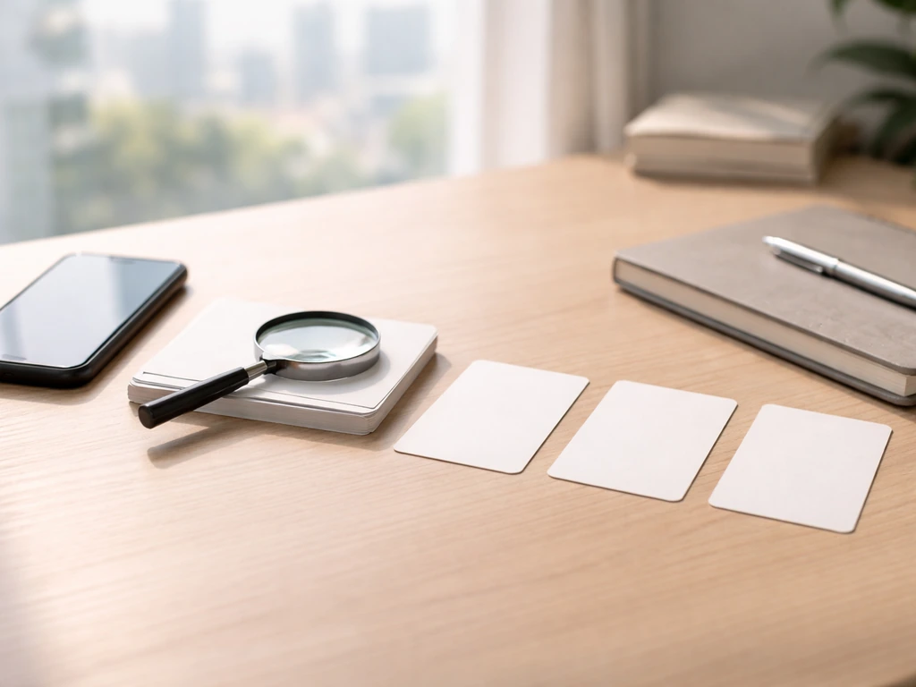 Desk scene with a magnifying glass and three blank cards suggesting verifying and updating an estimate.
