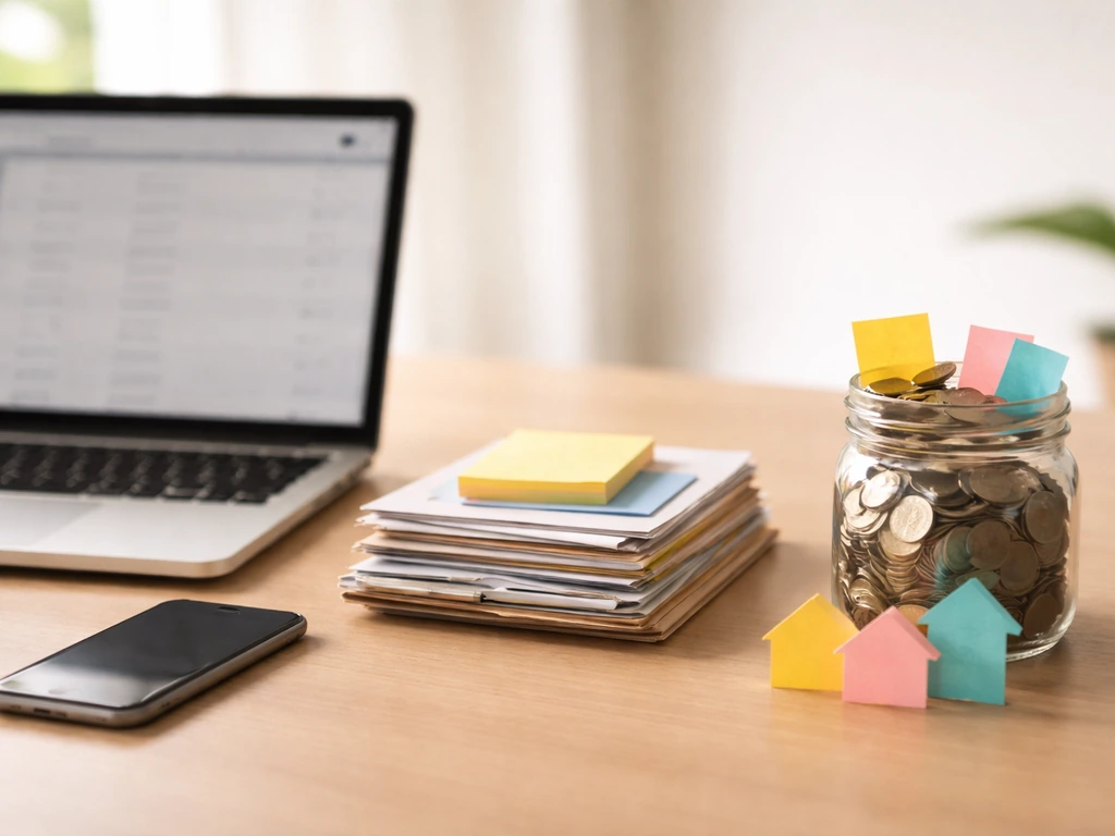 Desk scene with blurred laptop, documents, coins, and glass jar symbolizing net worth estimates from signals.