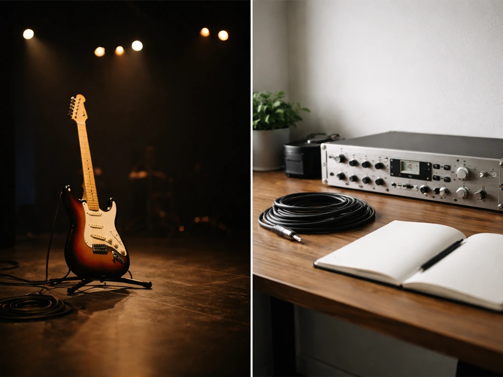 Two side-by-side scenes: guitar and stage lights for musician vs an audio workbench for engineer context.