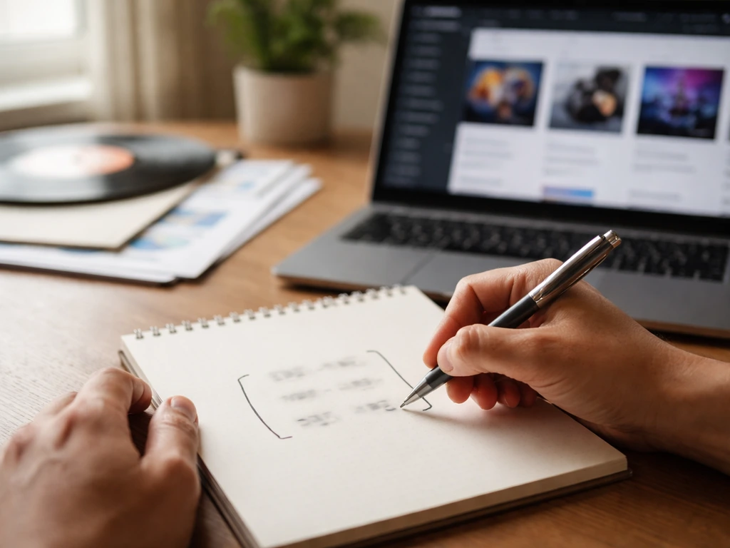 Close-up of hands drafting an estimate range on paper beside a laptop in a quiet workspace