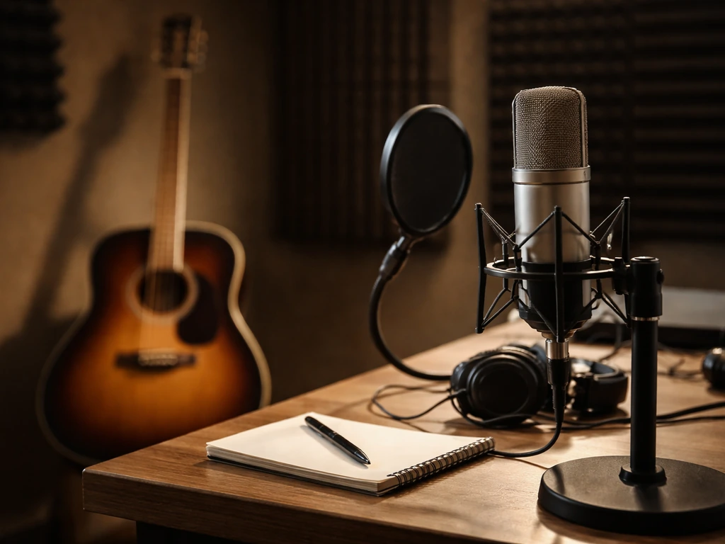 Minimal studio scene with a microphone and guitar in soft light, evoking solo music work