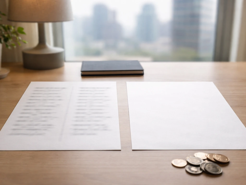 Minimal desk scene with two open folders and scattered coins, suggesting comparing net worth estimates
