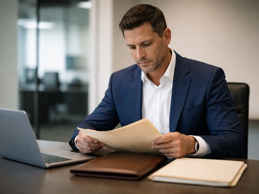 Focused photo of a compliance executive in a quiet office with a laptop and legal-looking folders.