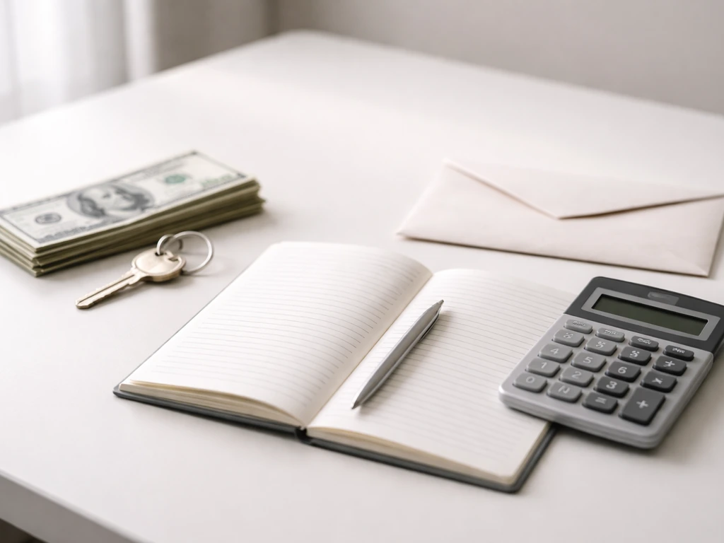 Minimal desk scene with calculator, cash, and house key suggesting assets vs liabilities for net worth.