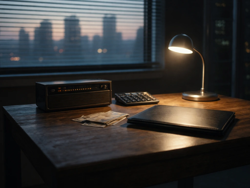 Money and office tools on a desk with a blurred city skyline, suggesting shifting wealth over time.