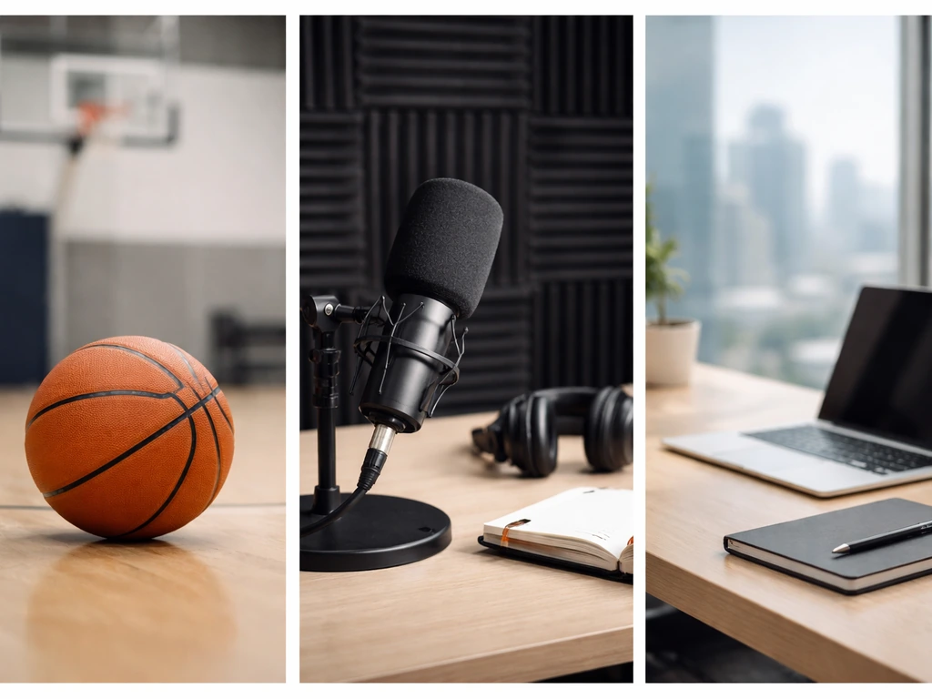 Minimal collage of sports, podcast, and office clues suggesting which Mark Bryant to choose