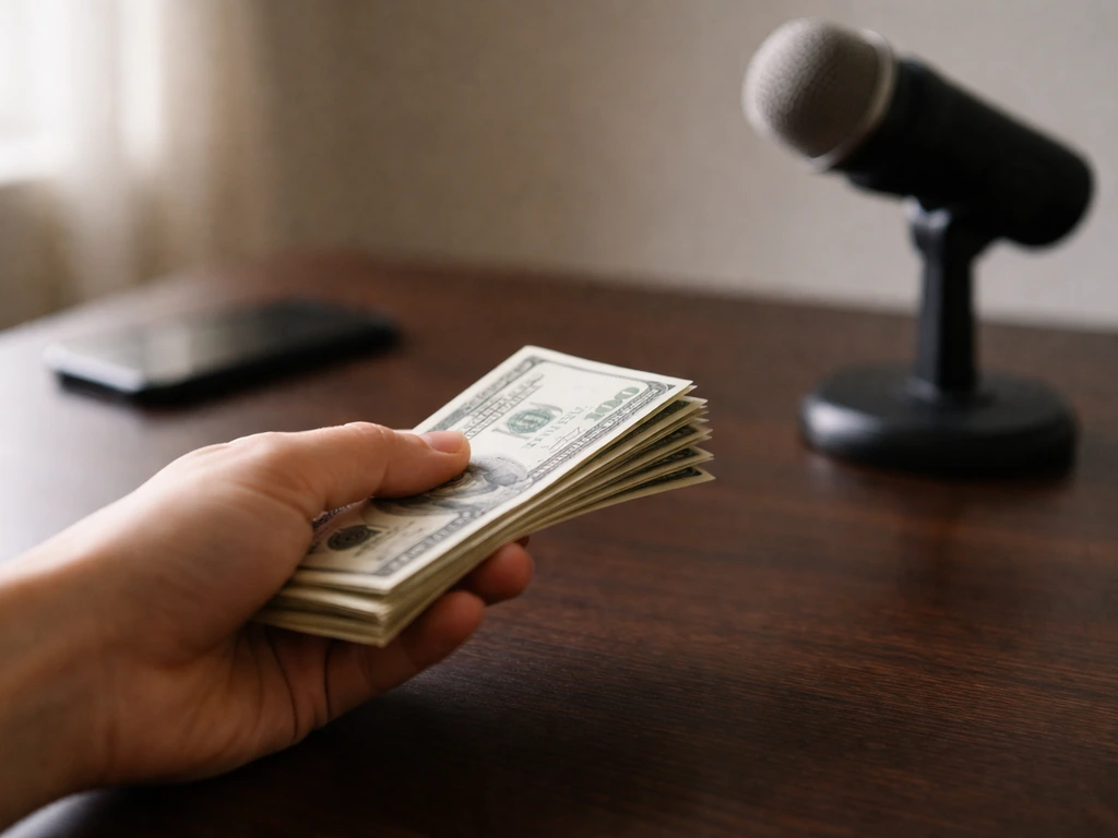Hand holding a small stack of cash on a desk with a microphone and phone blurred in the background.