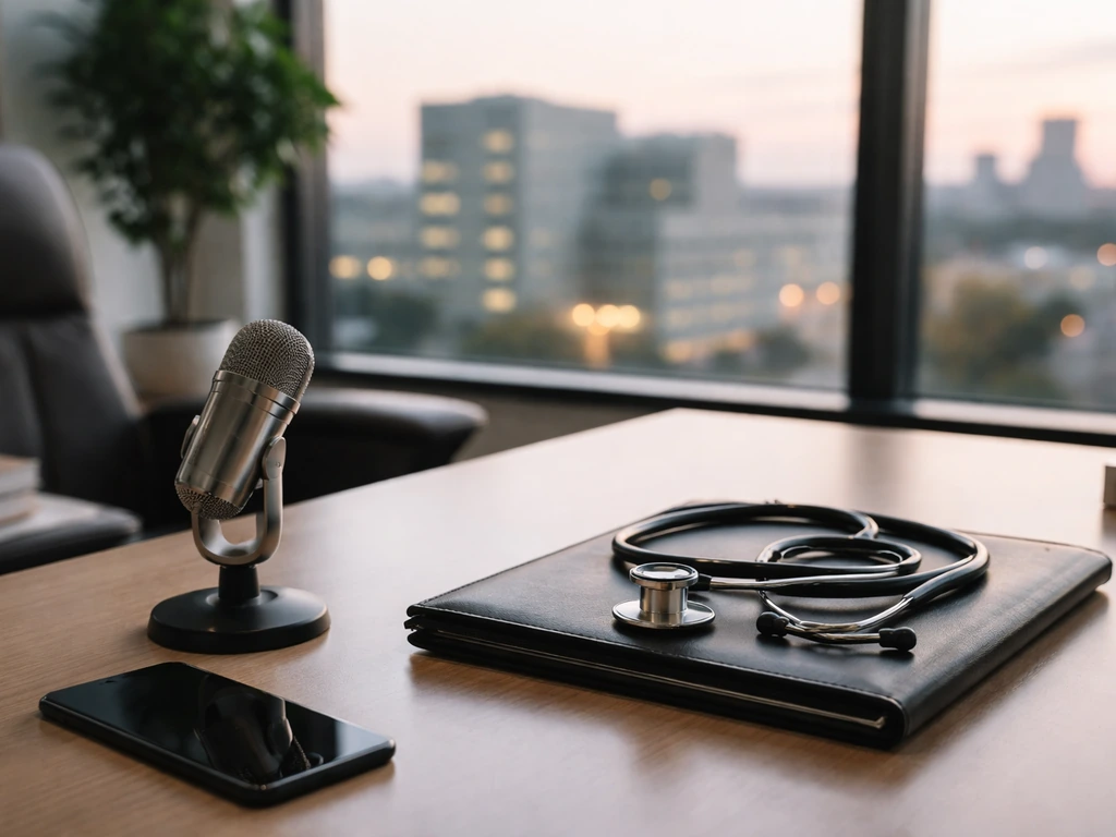 Minimal executive healthcare office with stethoscope and desk microphone, blurred city/hospital backdrop.